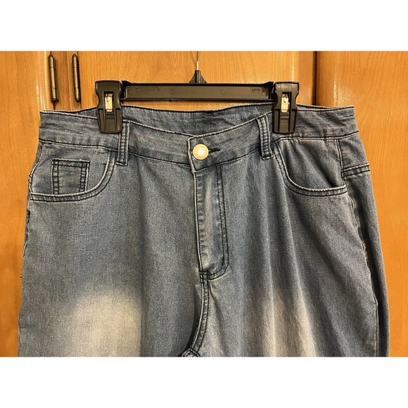 Y2K Embroidered Bell Bottom Wide Leg High Rise Distressed Raw Hem Med Wash XL - Picture 6 of 11